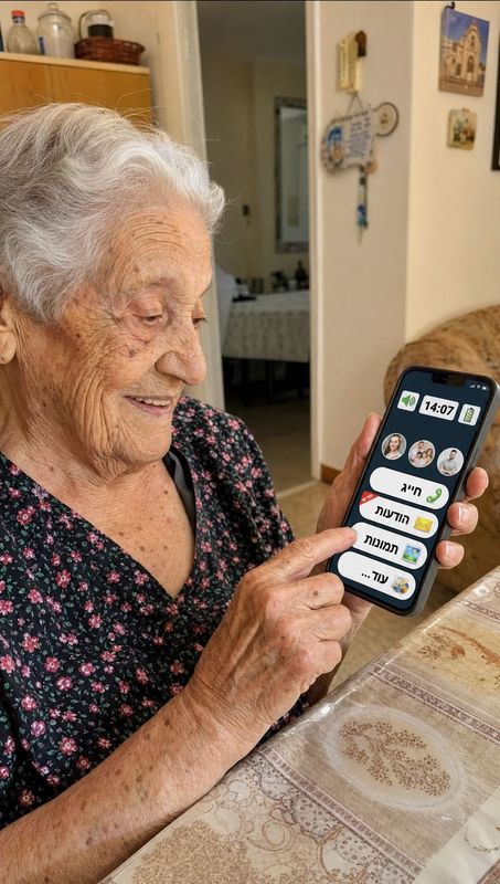 מבוגרת מחייכת משתמשת בקלות בבייסיק סמארטפון