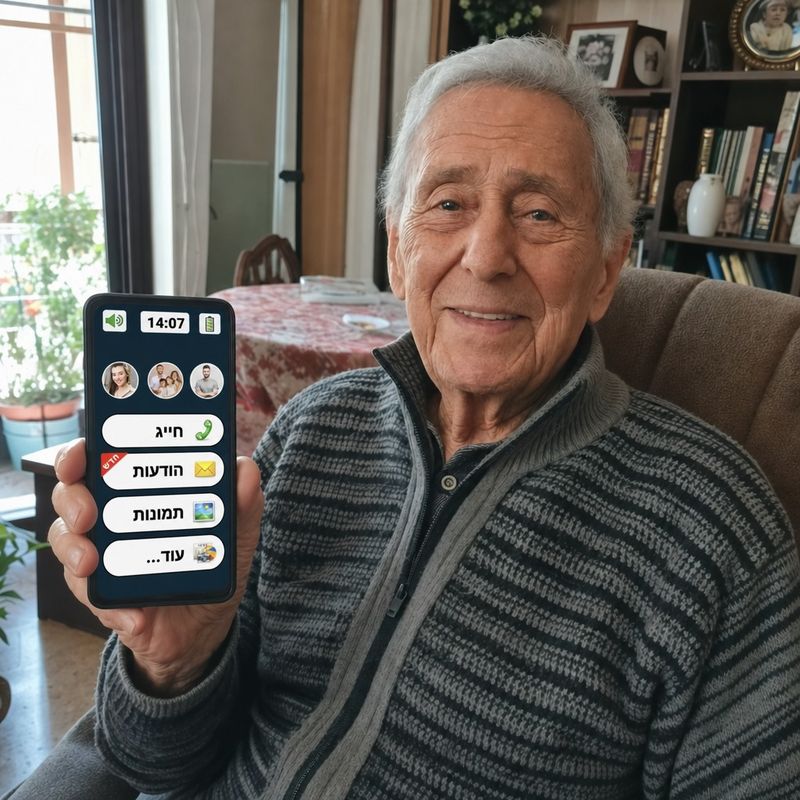 מבוגר מרוצה מחזיק בייסיק סמארטפון